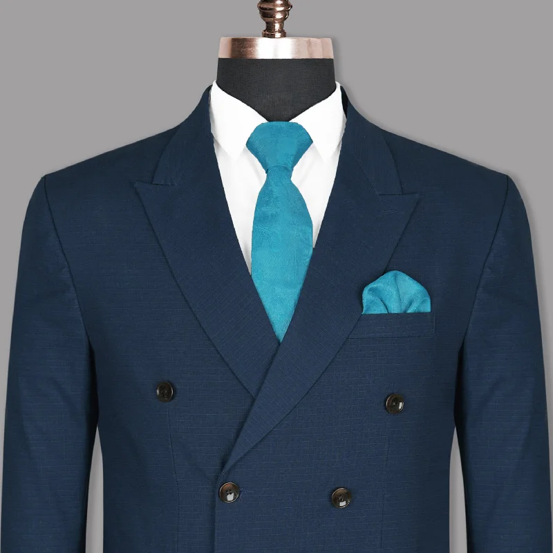 Men Suits with Adjustable Cuffs on Trousers for a Neat FinishRoyal Blue Subtle Checked Premium Cotton Double-Breasted Blazer