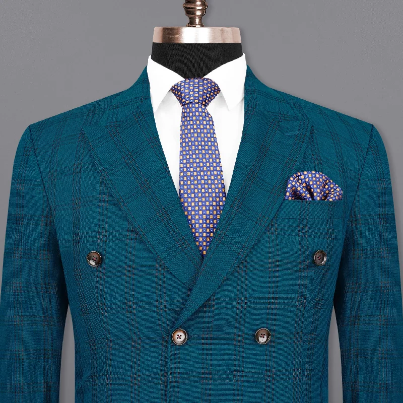 Men Blazers with Buttons Made of Mother - of - Pearl for a Luxurious TouchSapphire Blue With Black Plaid Double Breasted Blazer