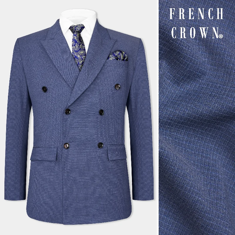 Men Suits in Navy Blue for a Classic and Versatile OptionScampi Blue and Muesli Brown Plaid Wool Rich Cross Placket Bandhgala Blazer