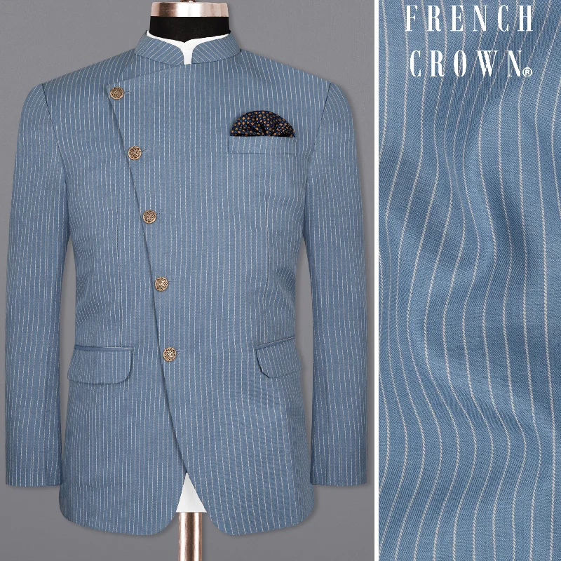 Men Suits with Linen - Blend Fabrics for a Breathable and Stylish OptionShip Cove Blue Striped Cross Placket Wool Rich Bandhgala Blazer