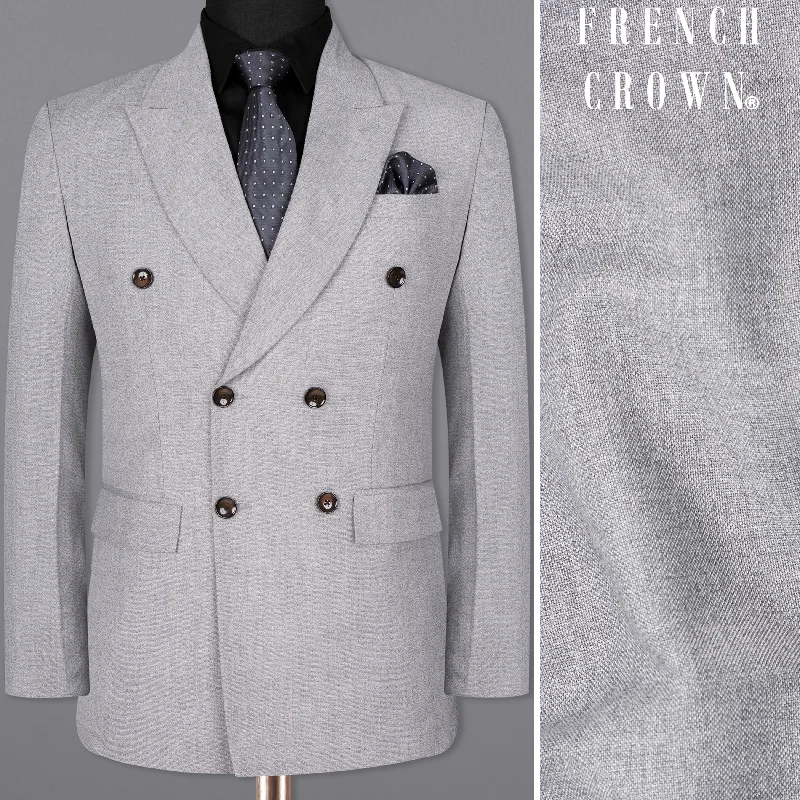 Men Blazers with Padded Shoulders for a Structured SilhouetteSilver Sand Grey Double-Breasted Wool Rich Blazer