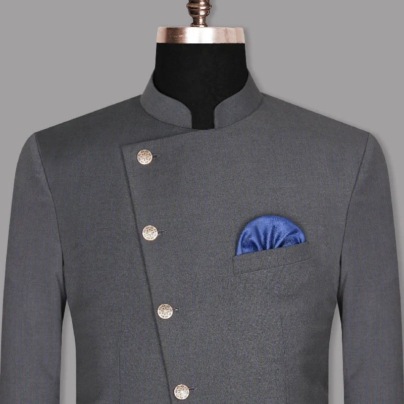 Men Blazers with Metal Buttons for a Distinctive LookSmoky Grey Subtle Windowpane Cross Placket Bandhgala/Mandarin Blazer