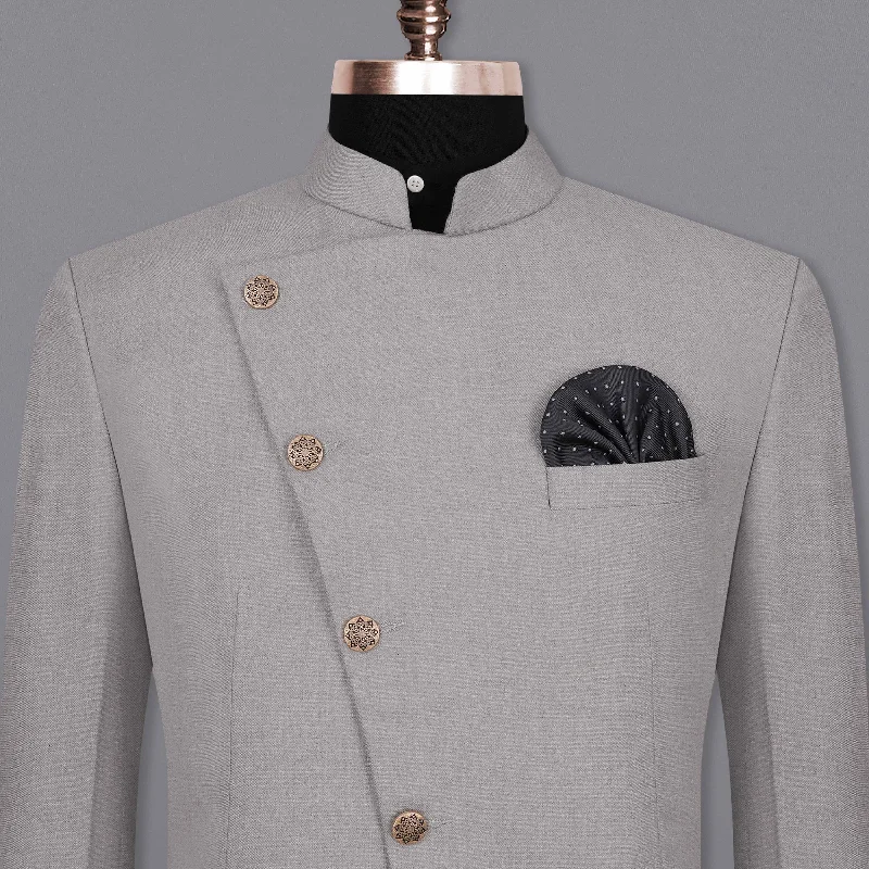 Men Blazers with Roll - Up Sleeves for a Casual Summer LookSpun Pearl Gray Cross Placket Bandhgala Blazer