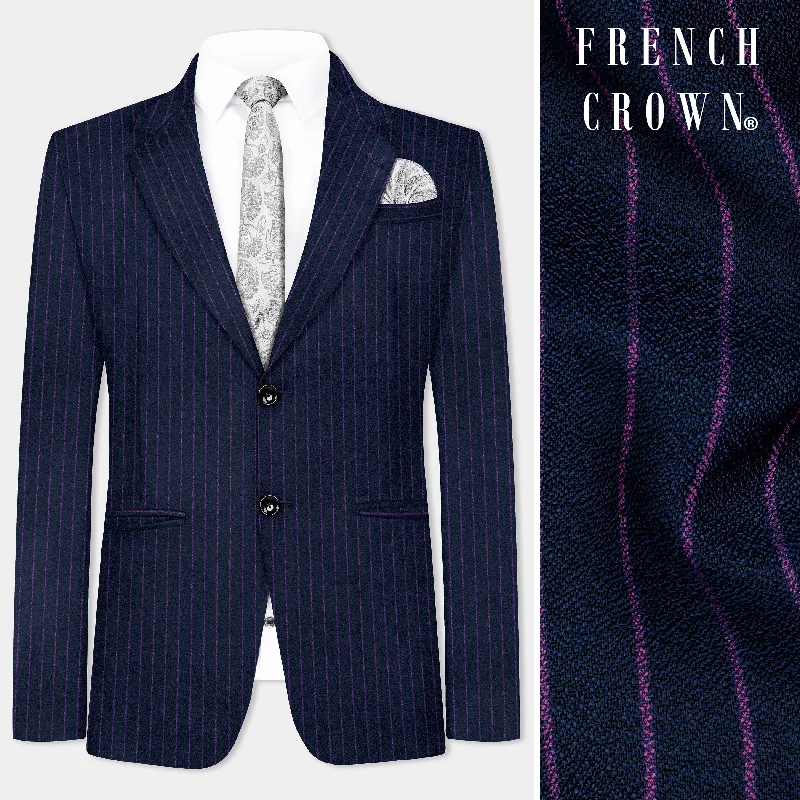 Men Suits with Linen - Blend Fabrics for a Breathable and Stylish OptionSteel Blue with Grape Purple Striped Wool Blend Blazer