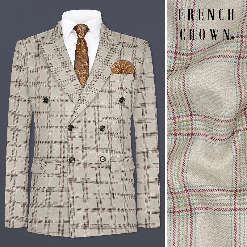 Men Blazers with Metal Buttons for a Distinctive LookSwirl Cream with Maroon and Green windowpane Tweed Double Breasted Blazer