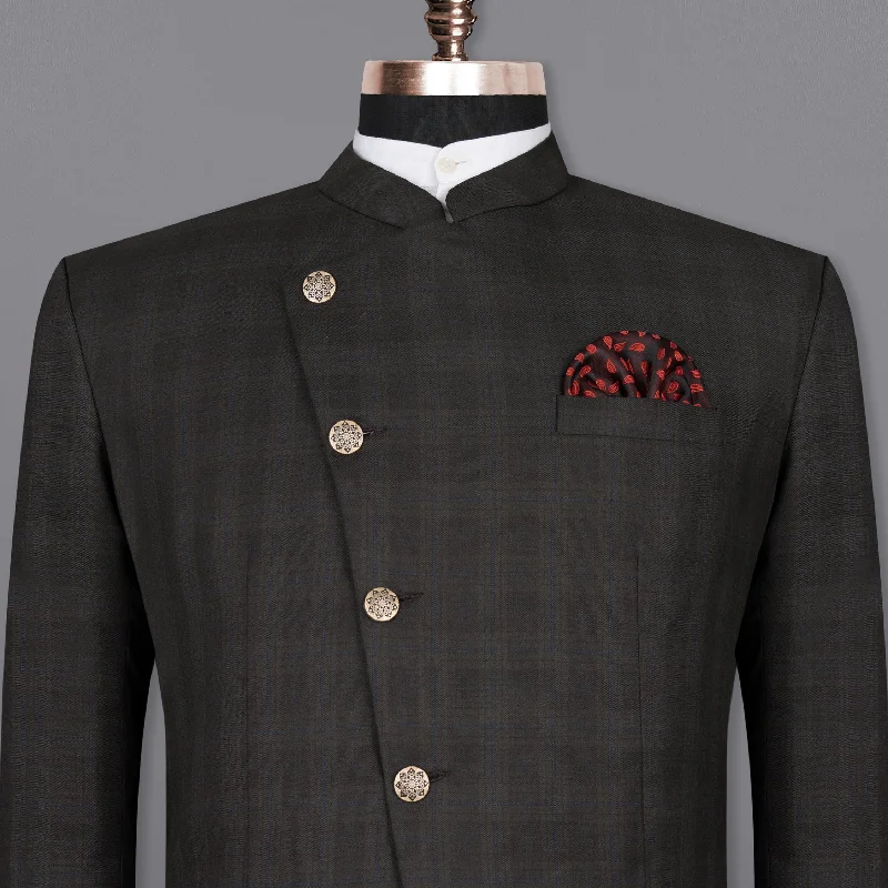 Men Blazers with Metal Buttons for a Distinctive LookThunder brown Plaid Cross Placket Bandhgala Wool Rich Blazer