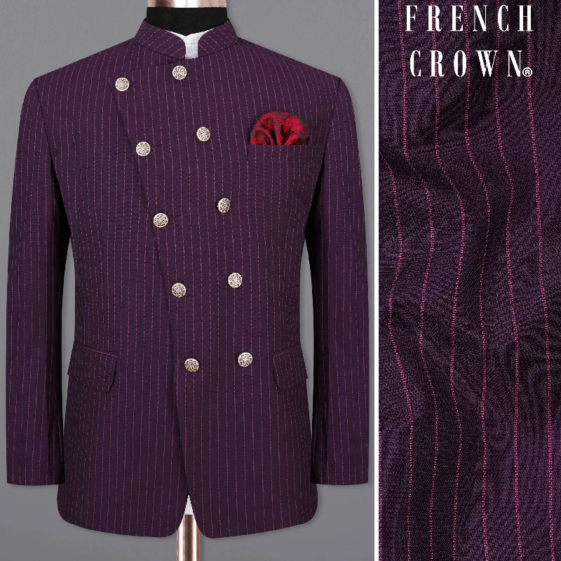 Slim - Fit Men Suits with Notch Lapels for a Modern LookTolopea Purple with Byzantium Pink Striped Cross Placket Bandhgala Designer Blazer