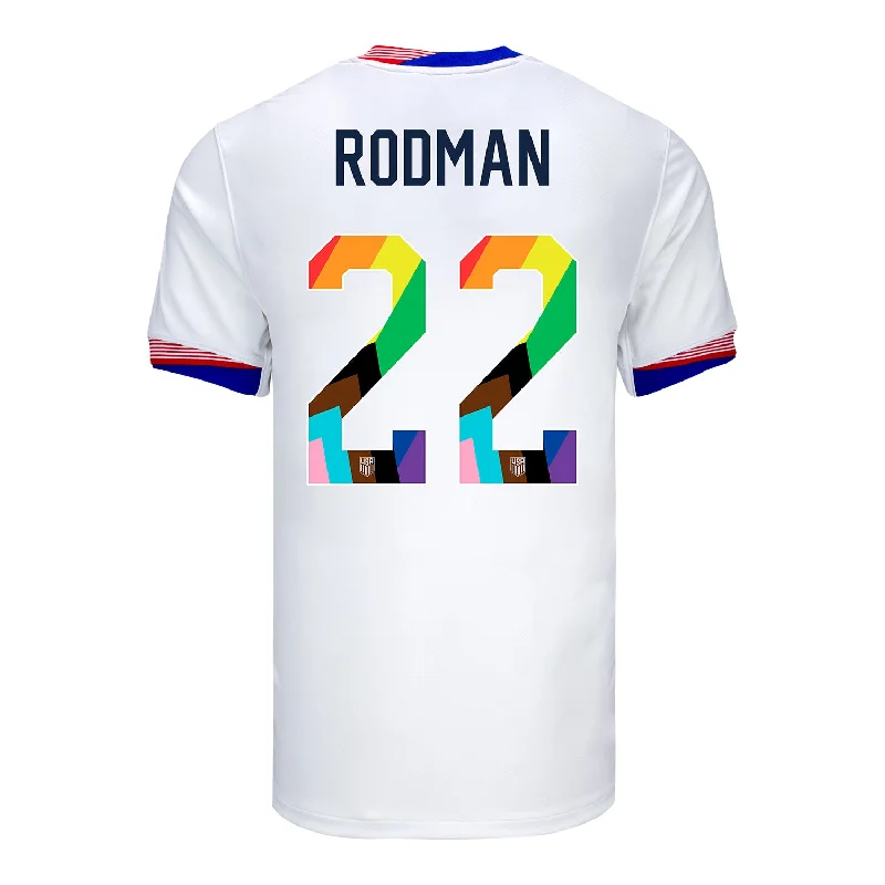 Men Jerseys with Ribbed Collars and Cuffs for a Classic and Durable LookMen's Nike USWNT 2024 Pride-Themed Home Rodman 22 Stadium Jersey