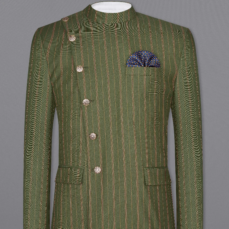 Men Suits with Tapered Trousers for a Sleek and Contemporary LookVampire Green Striped Cross Placket Bandhgala Blazer