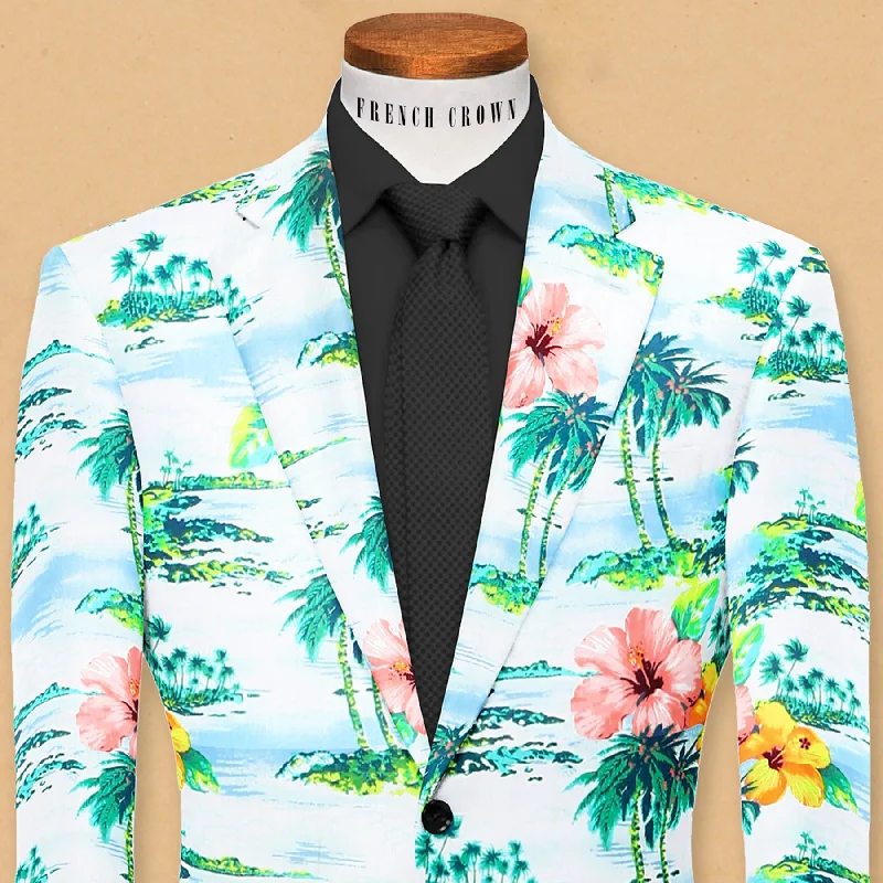 Men Suits with Side - Adjusters on Trousers for a Custom FitWhite Based Colorful Tropical Print Designer Blazer