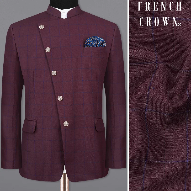 Men Suits with Pleated Trousers for a Traditional AestheticWine Berry With Haiti Blue Windowpane Cross Placket Bandhgala Blazer