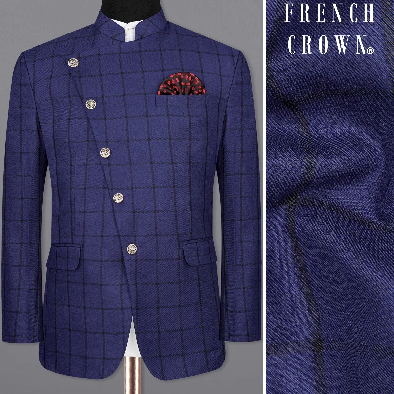 Two - Piece Men Suits with Matching Trousers and JacketsZodiac Dark Blue Windowpane Cross Placket Bandhgala Blazer