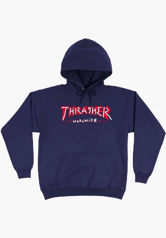 Men Fleece with Ribbed Collars for Added DurabilityTHRASHER Trademark Pullover Hoodie Navy