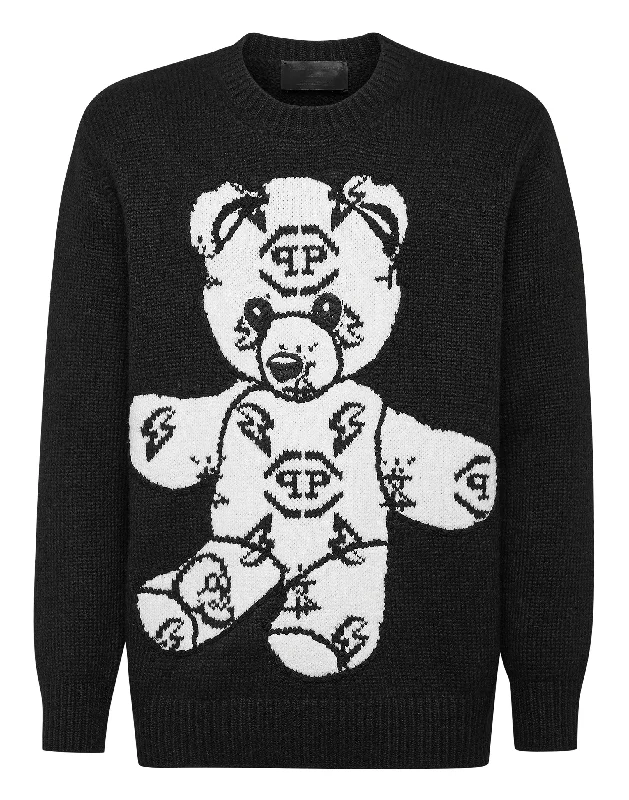 Cashmere Men Sweaters for Ultimate Softness and LuxuryWool Embroidery Jacquard Pullover Round Neck LS Teddy Bear