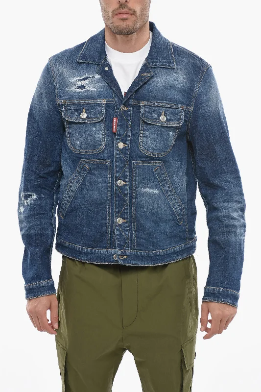 Military - Style Men Jackets with Shoulder Epaulets and BadgesDsquared2 Denim Boxy Jacket with Distressed Detail