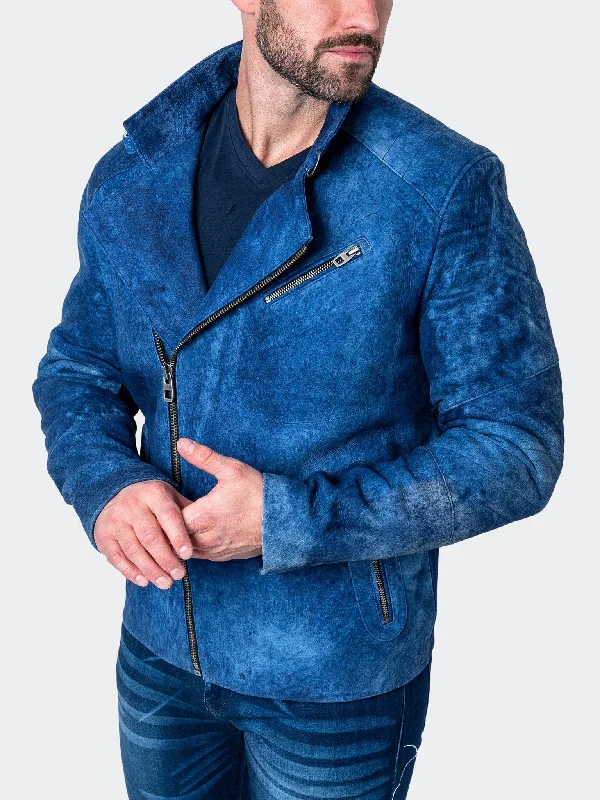 Military - Style Men Jackets with Shoulder Epaulets and BadgesLeather Gene Blue