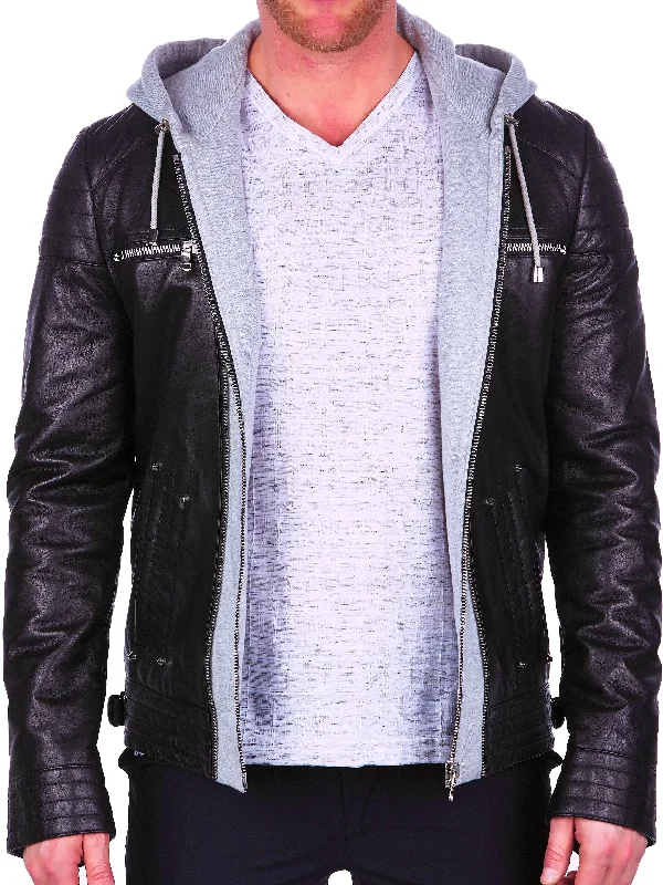 Color - Blocked Men Jackets for a Fashion - Forward LookLeather MiddleHoodie Black