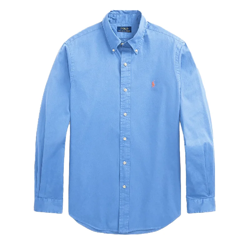 Men's ribbed cuffs and hem polo shirts for a textured lookMen Polo with Heathered Colors for a Subtle and Sophisticated LookPolo Ralph Lauren Garment Dyed Chino L/S Shirt Camp Blue