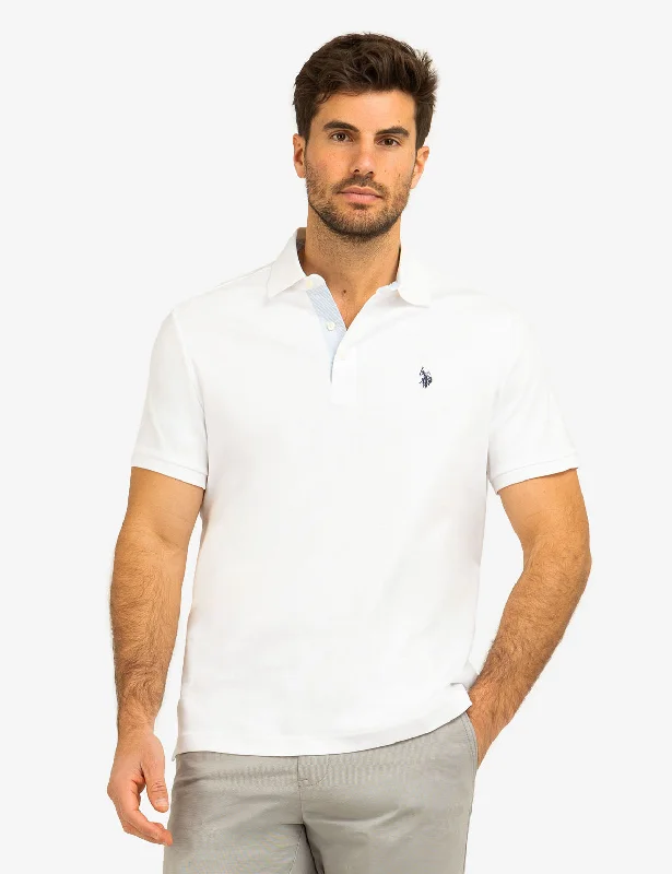 Men's button - down spread collar polo shirts for business casualMen Polo with Short - Sleeve Lengths for Warm WeatherSOLID INTERLOCK POLO SHIRT WITH WOVEN TRIM